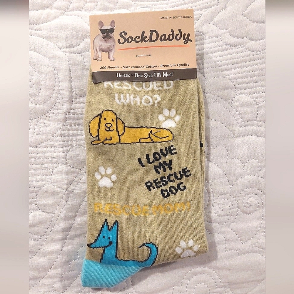 Sock Daddy Unisex "Who Saved Who?" Rescue Dog Lovers Socks NWT OSFM
